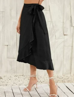 Online Women's Skirt Wrap Skirt Fashion Casual Midi High Waist Skirts Solid Colored Ruffle Casual Daily Weekend Black Pink Red Blue Summer Chiffon Women Skirts