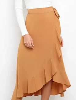 Online Women's Skirt Wrap Skirt Fashion Casual Midi High Waist Skirts Solid Colored Ruffle Casual Daily Weekend Black Pink Red Blue Summer Chiffon Women Skirts