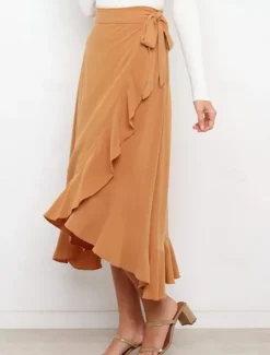 Online Women's Skirt Wrap Skirt Fashion Casual Midi High Waist Skirts Solid Colored Ruffle Casual Daily Weekend Black Pink Red Blue Summer Chiffon Women Skirts