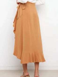 Online Women's Skirt Wrap Skirt Fashion Casual Midi High Waist Skirts Solid Colored Ruffle Casual Daily Weekend Black Pink Red Blue Summer Chiffon Women Skirts