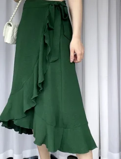 Online Women's Skirt Wrap Skirt Fashion Casual Midi High Waist Skirts Solid Colored Ruffle Casual Daily Weekend Black Pink Red Blue Summer Chiffon Women Skirts