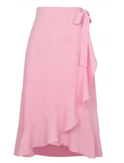 Online Women's Skirt Wrap Skirt Fashion Casual Midi High Waist Skirts Solid Colored Ruffle Casual Daily Weekend Black Pink Red Blue Summer Chiffon Women Skirts