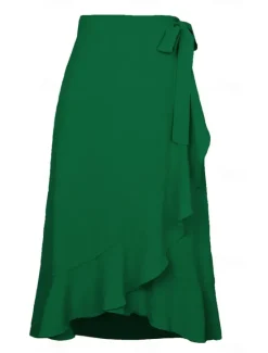 Online Women's Skirt Wrap Skirt Fashion Casual Midi High Waist Skirts Solid Colored Ruffle Casual Daily Weekend Black Pink Red Blue Summer Chiffon Women Skirts