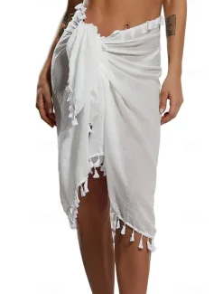 Best Women's Skirt Wrap Skirt Fashion Beach Wear Casual Mini Mid Waist Skirts Solid Colored Tassel Fringe Vacation Beach Black White Pink Red Summer Chiffon Women Skirts|Cover Up