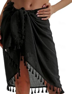 Best Women's Skirt Wrap Skirt Fashion Beach Wear Casual Mini Mid Waist Skirts Solid Colored Tassel Fringe Vacation Beach Black White Pink Red Summer Chiffon Women Skirts|Cover Up