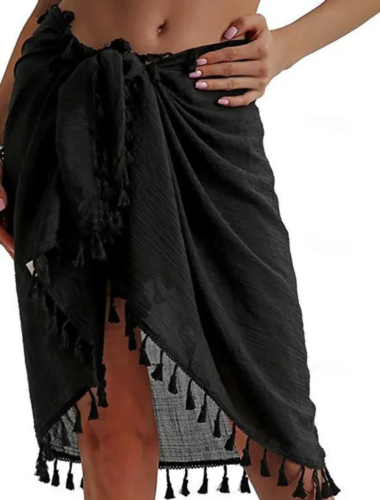 Best Women's Skirt Wrap Skirt Fashion Beach Wear Casual Mini Mid Waist Skirts Solid Colored Tassel Fringe Vacation Beach Black White Pink Red Summer Chiffon Women Skirts|Cover Up