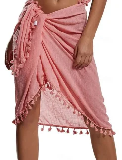 Best Women's Skirt Wrap Skirt Fashion Beach Wear Casual Mini Mid Waist Skirts Solid Colored Tassel Fringe Vacation Beach Black White Pink Red Summer Chiffon Women Skirts|Cover Up