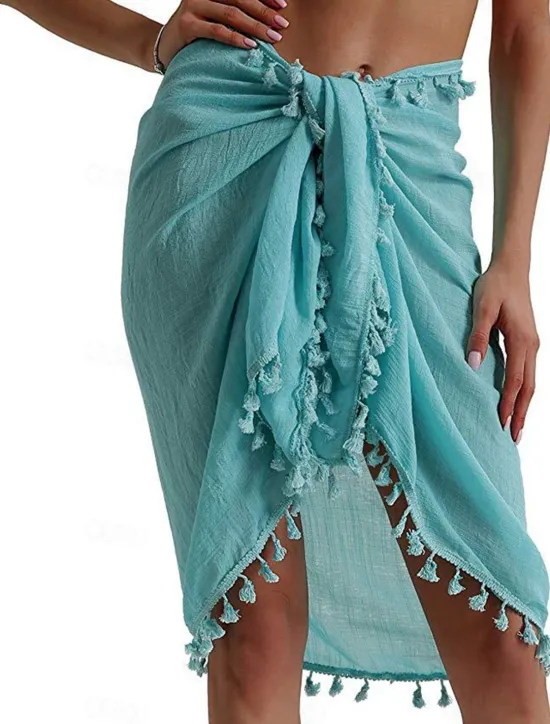 Best Women's Skirt Wrap Skirt Fashion Beach Wear Casual Mini Mid Waist Skirts Solid Colored Tassel Fringe Vacation Beach Black White Pink Red Summer Chiffon Women Skirts|Cover Up