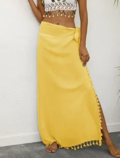 Outlet Women's Skirt Wrap Skirt Maxi High Waist Skirts Tassel Fringe Solid Colored Vacation Beach Summer Fashion Beach Wear Casual Black Yellow Apricot Women Skirts