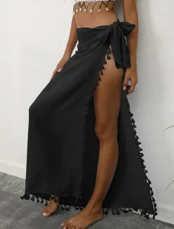 Outlet Women's Skirt Wrap Skirt Maxi High Waist Skirts Tassel Fringe Solid Colored Vacation Beach Summer Fashion Beach Wear Casual Black Yellow Apricot Women Skirts