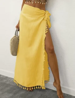Outlet Women's Skirt Wrap Skirt Maxi High Waist Skirts Tassel Fringe Solid Colored Vacation Beach Summer Fashion Beach Wear Casual Black Yellow Apricot Women Skirts