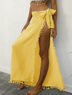 Outlet Women's Skirt Wrap Skirt Maxi High Waist Skirts Tassel Fringe Solid Colored Vacation Beach Summer Fashion Beach Wear Casual Black Yellow Apricot Women Skirts