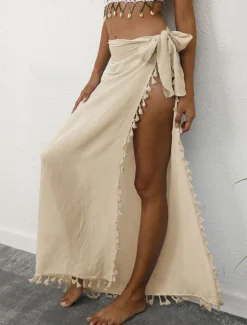 Outlet Women's Skirt Wrap Skirt Maxi High Waist Skirts Tassel Fringe Solid Colored Vacation Beach Summer Fashion Beach Wear Casual Black Yellow Apricot Women Skirts
