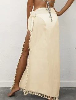 Outlet Women's Skirt Wrap Skirt Maxi High Waist Skirts Tassel Fringe Solid Colored Vacation Beach Summer Fashion Beach Wear Casual Black Yellow Apricot Women Skirts