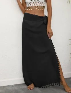 Outlet Women's Skirt Wrap Skirt Maxi High Waist Skirts Tassel Fringe Solid Colored Vacation Beach Summer Fashion Beach Wear Casual Black Yellow Apricot Women Skirts
