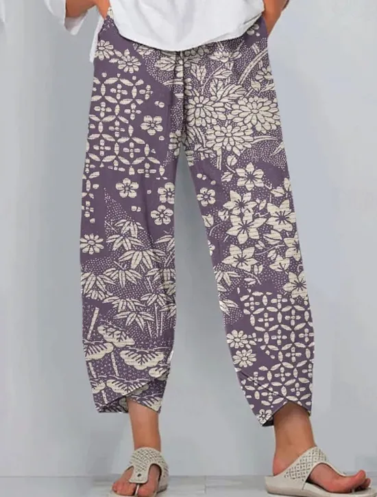 Hot Women's Slacks Active Vacation Vintage Full Length High Waist Floral Graphic Elastic Waistband Comfy Breathability Soft Micro-elastic Outdoor Street Daily Red Navy Blue Purple Green Summer Spring Women Pants