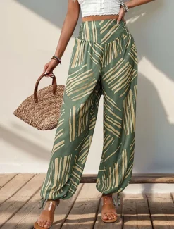 Clearance Women's Slacks Casual Long High Waist Geometric Printing Breathability Soft Micro-elastic Vacation Daily Wear Summer Spring Fall Regular Fit Women Pants