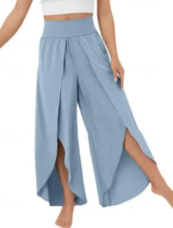Outlet Women's Slacks Pants Trousers Casual Full Length Natural Plain Elastic Waist Split Comfy Comfortable Outdoor Going out carmine Dark red Forest Green Light Sky Blue Summer Regular Fit Women Pants