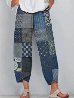 Discount Women's Slacks Vacation Vintage Ethnic Style Ankle-Length High Waist Floral Graphic Geometic Elastic Waistband Comfy Breathability Soft Inelastic Formal Outdoor Vacation Navy Blue Blue Summer Spring Women Pants