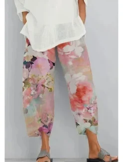 Online Women's Slacks Vacation Vintage Ethnic Style Ankle-Length High Waist Floral Graphic Elastic Waistband Comfy Breathability Soft Inelastic Outdoor Street Daily Light Green Pink Green Summer Spring Women Pants