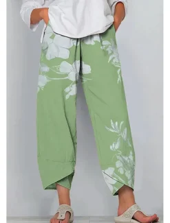 Online Women's Slacks Vacation Vintage Ethnic Style Ankle-Length High Waist Floral Graphic Elastic Waistband Comfy Breathability Soft Inelastic Outdoor Street Daily Light Green Pink Green Summer Spring Women Pants