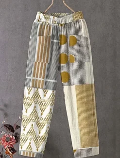 Clearance Women's Slacks Vacation Vintage Ethnic Style Ankle-Length High Waist Geometric Striped Abstract Pocket Comfy Breathability Lightweight Inelastic Outdoor Vacation Causal Yellow Khaki Summer Spring Women Pants