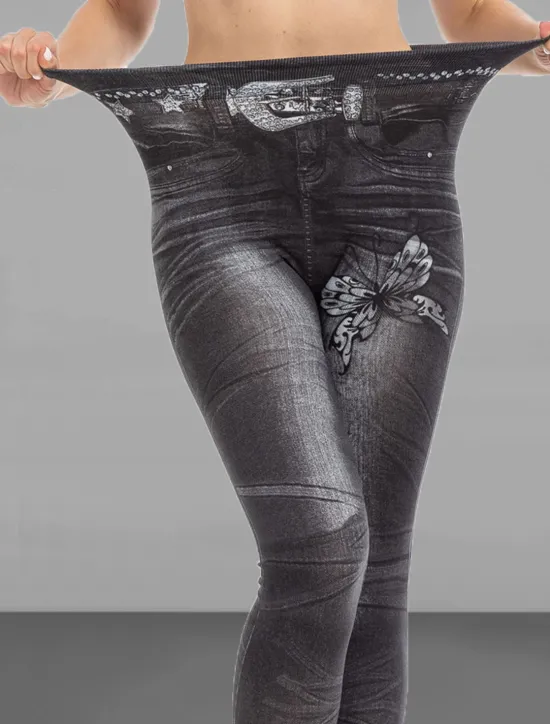Online Women's Slim Pants Trousers Leggings Fashion Streetwear Casual Full Length High Waist Butterfly Pocket Print High Cut Breathability Comfortable High Elasticity Street Causal Daily Black Blue Summer Women Leggings