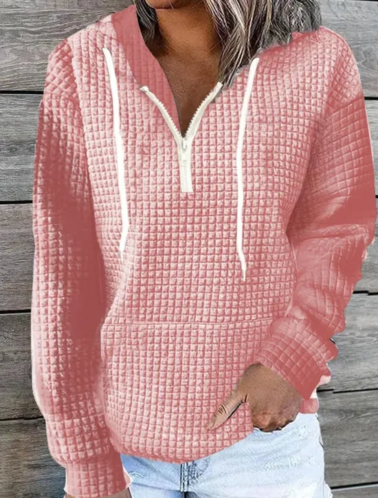 Discount Women's Solid Color Basic Long Sleeve Hoodie Half Zip Regular Tops Street Casual Front Pocket Quarter Zip Black White Pink Khaki Dark Blue Fall & Winter Women Hoodies & Sweatshirts