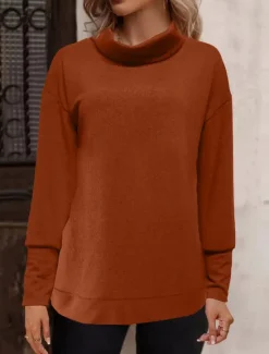 Best Women's Solid Color Fashion Long Sleeve Turtleneck Pile Neck Regular Tops Casual Sports Black Pink Wine Orange Khaki Fall & Winter Women Hoodies & Sweatshirts