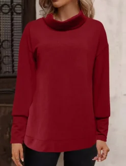 Best Women's Solid Color Fashion Long Sleeve Turtleneck Pile Neck Regular Tops Casual Sports Black Pink Wine Orange Khaki Fall & Winter Women Hoodies & Sweatshirts