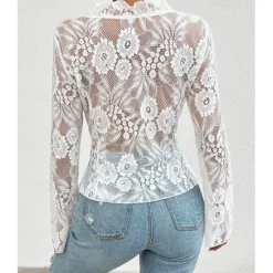 Online Women's Solid Color Plain Stylish Long Sleeve Causal Lace Water Blue Black White Pink Spring Fall Women Lace Tops