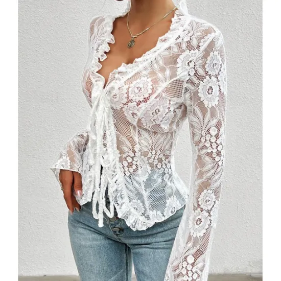 Online Women's Solid Color Plain Stylish Long Sleeve Causal Lace Water Blue Black White Pink Spring Fall Women Lace Tops