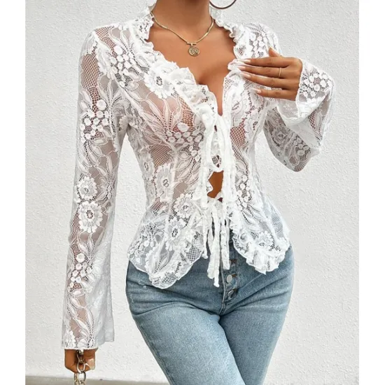 Online Women's Solid Color Plain Stylish Long Sleeve Causal Lace Water Blue Black White Pink Spring Fall Women Lace Tops