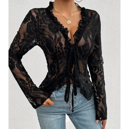 Online Women's Solid Color Plain Stylish Long Sleeve Causal Lace Water Blue Black White Pink Spring Fall Women Lace Tops