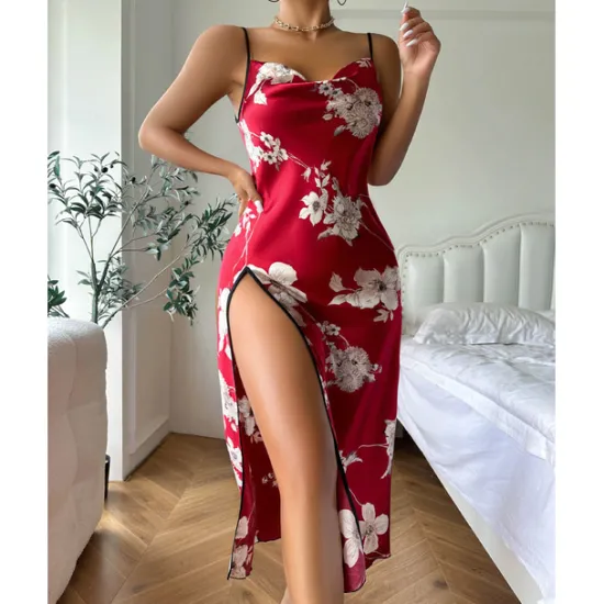 New Women's Spaghetti Strap Dress Sleeveless Scoop Neck High Split Print Backless Slim Fit Long Dresses Nightgowns Home Outfits Women Lingerie