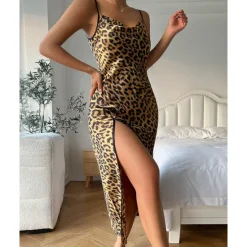 New Women's Spaghetti Strap Dress Sleeveless Scoop Neck High Split Print Backless Slim Fit Long Dresses Nightgowns Home Outfits Women Lingerie