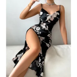 New Women's Spaghetti Strap Dress Sleeveless Scoop Neck High Split Print Backless Slim Fit Long Dresses Nightgowns Home Outfits Women Lingerie