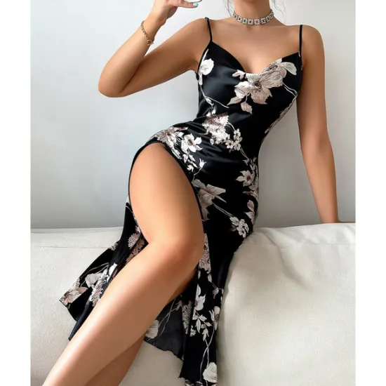 New Women's Spaghetti Strap Dress Sleeveless Scoop Neck High Split Print Backless Slim Fit Long Dresses Nightgowns Home Outfits Women Lingerie