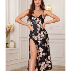 New Women's Spaghetti Strap Dress Sleeveless Scoop Neck High Split Print Backless Slim Fit Long Dresses Nightgowns Home Outfits Women Lingerie
