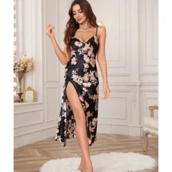 New Women's Spaghetti Strap Dress Sleeveless Scoop Neck High Split Print Backless Slim Fit Long Dresses Nightgowns Home Outfits Women Lingerie