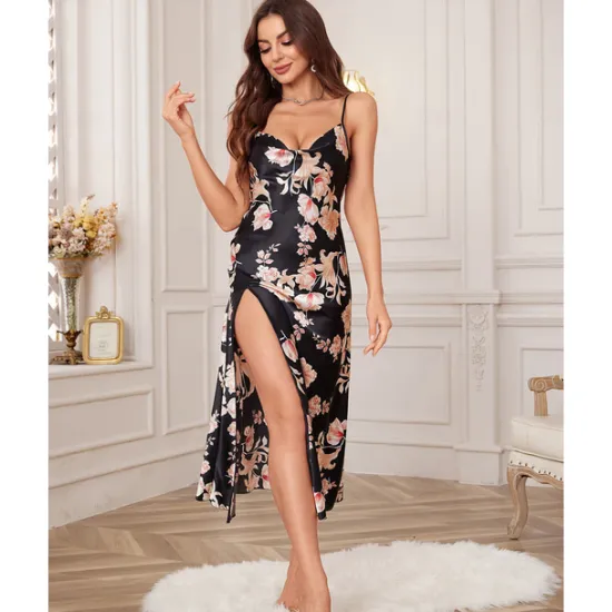 New Women's Spaghetti Strap Dress Sleeveless Scoop Neck High Split Print Backless Slim Fit Long Dresses Nightgowns Home Outfits Women Lingerie