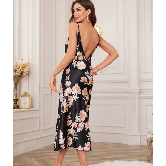 New Women's Spaghetti Strap Dress Sleeveless Scoop Neck High Split Print Backless Slim Fit Long Dresses Nightgowns Home Outfits Women Lingerie