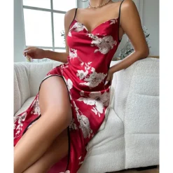 New Women's Spaghetti Strap Dress Sleeveless Scoop Neck High Split Print Backless Slim Fit Long Dresses Nightgowns Home Outfits Women Lingerie