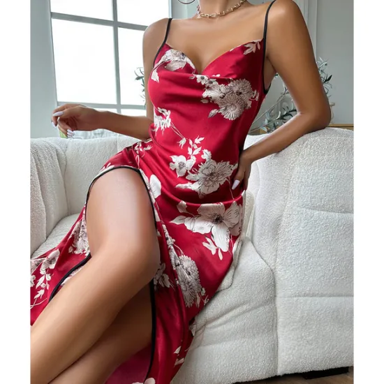 New Women's Spaghetti Strap Dress Sleeveless Scoop Neck High Split Print Backless Slim Fit Long Dresses Nightgowns Home Outfits Women Lingerie