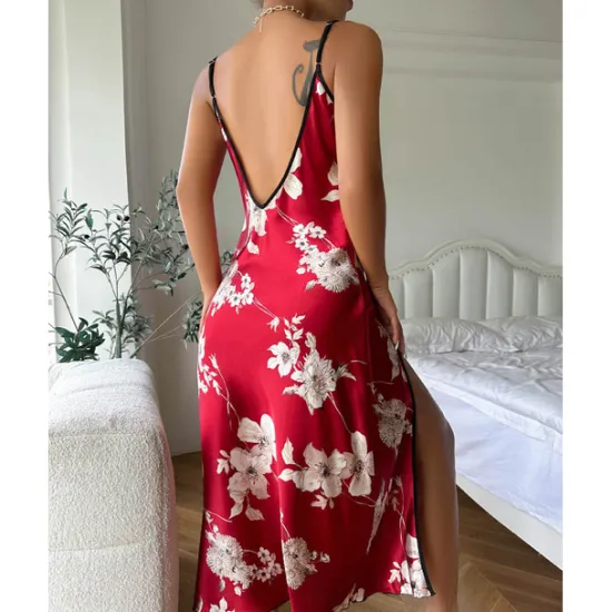 New Women's Spaghetti Strap Dress Sleeveless Scoop Neck High Split Print Backless Slim Fit Long Dresses Nightgowns Home Outfits Women Lingerie