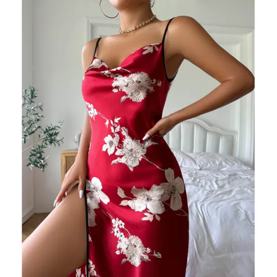 New Women's Spaghetti Strap Dress Sleeveless Scoop Neck High Split Print Backless Slim Fit Long Dresses Nightgowns Home Outfits Women Lingerie