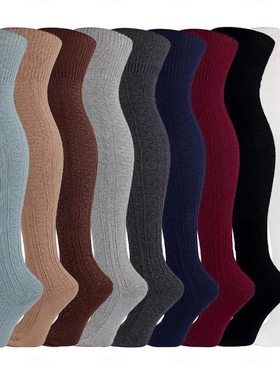 New Women's Stockings Thigh-High Crimping Socks Tights Thermal Warm Leg Shaping High Elasticity Jacquard Knee high Socks Light Blue Black Wine One-Size Women Tights