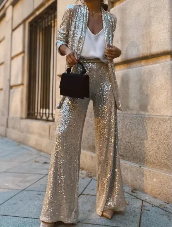 New Women's Straight Fashion Trousers Full Length Natural Sequins Wide Leg Micro-elastic Party Work Silver Black 1# All Seasons Loose Fit Women Pants