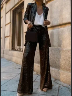 New Women's Straight Fashion Trousers Full Length Natural Sequins Wide Leg Micro-elastic Party Work Silver Black 1# All Seasons Loose Fit Women Pants