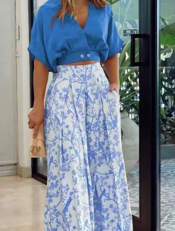 Women's Streetwear Basic Shirt Crop Top Pants Sets Short Sleeve V Neck Floral Print Casual Daily Black Red Blue Fall & Winter Regular Fit Women Spring Tops